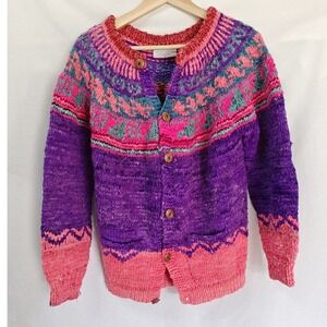 Signature Imports Cardigan Sweater Wool Hand Knit Purple Pink Green Fair Isle L